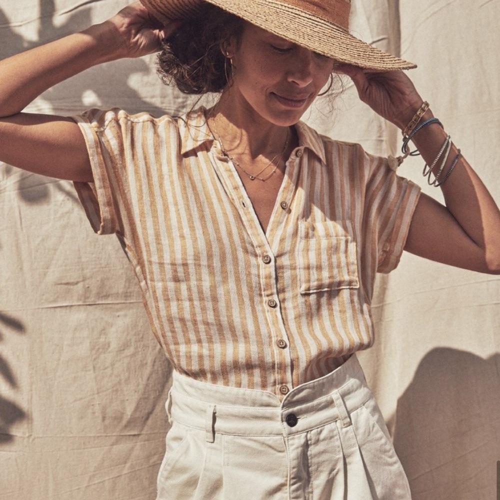 FAHERTY Linen Avery Beach Stripe Top Shirt Blouse
